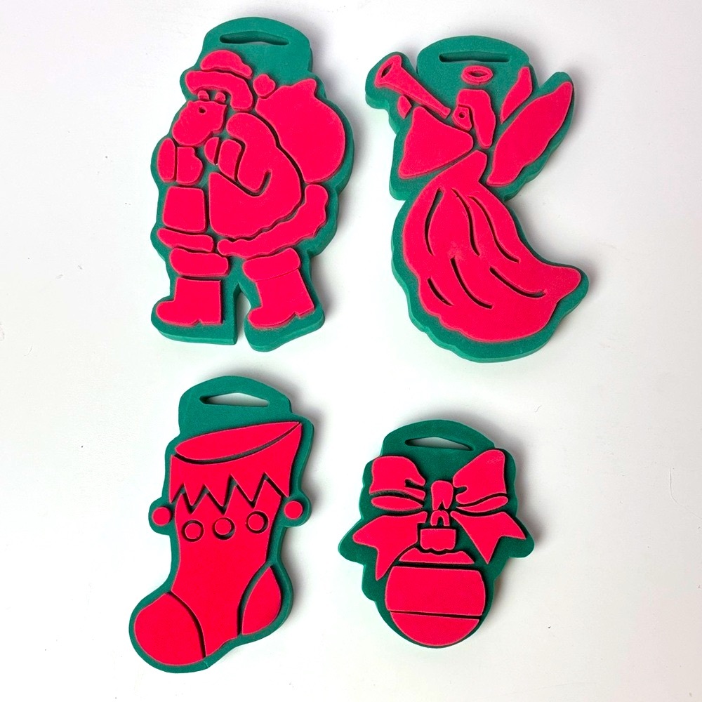 Vintage set of 4 Red and Green Christmas Chubby Foam Stamps